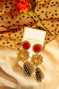 Three Tier Gem Stud with Flower and Jewel Encrusted Dangle Earrings - Sugar + Style