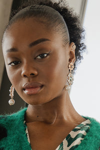 Green Jewel and Pearl Dangle Layer Earrings - Sugar + Style