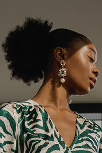 Green Jewel and Pearl Dangle Layer Earrings - Sugar + Style