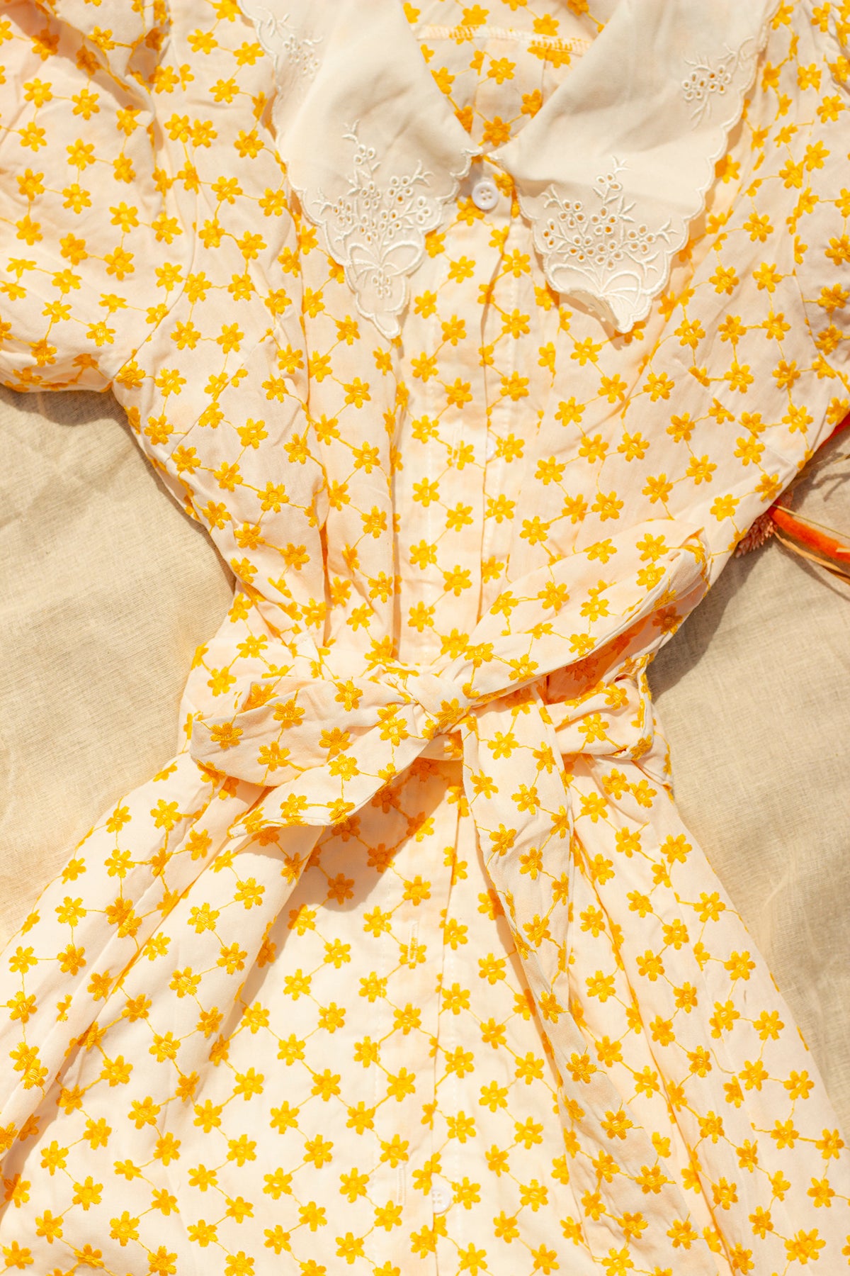 Yellow Embroidered Flower Peter Pan Collar Midi Dress - Sugar + Style