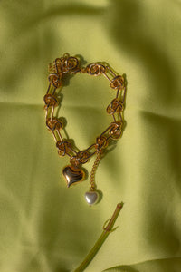 Gold Cable Chain Bracelet with Heart Bell and Pearl Charms - Sugar + Style