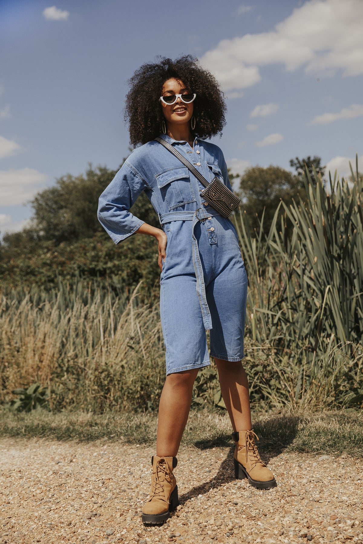 Cropped Denim Jumpsuit with Button Front and Belt - Sugar + Style