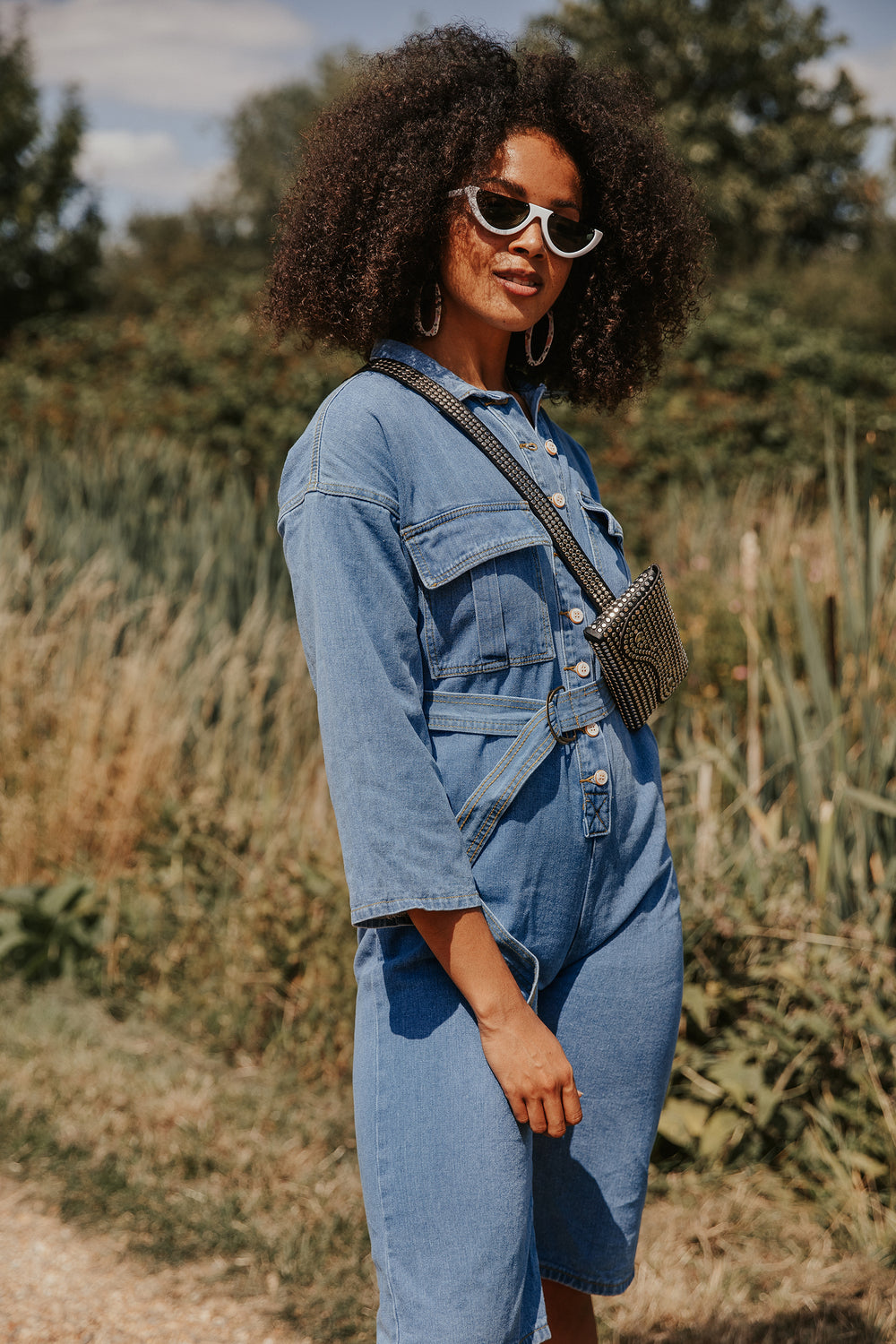 Cropped Denim Jumpsuit with Button Front and Belt - Sugar + Style