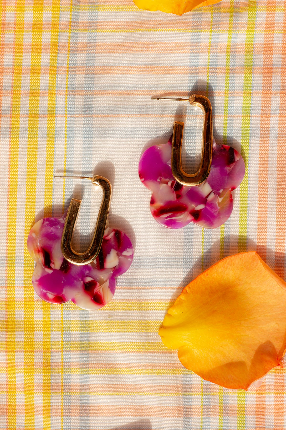 Marble Acetate Floral Earrings with Gold Rectangle Hoop Cut Out - Sugar + Style