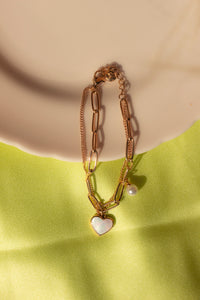Double Layer Chain Heart Pearl Charm Bracelet - Sugar + Style