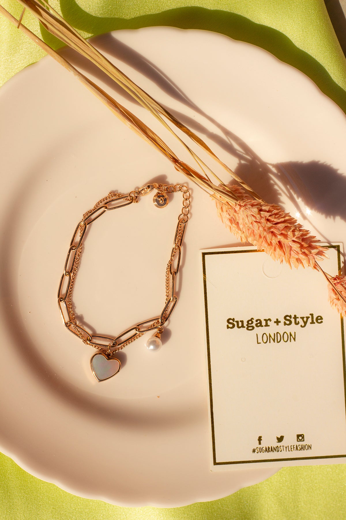 Double Layer Chain Heart Pearl Charm Bracelet - Sugar + Style