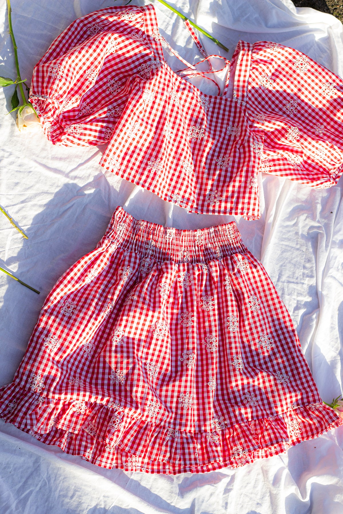 Gingham Puff Sleeve Corset Back Top - Sugar + Style