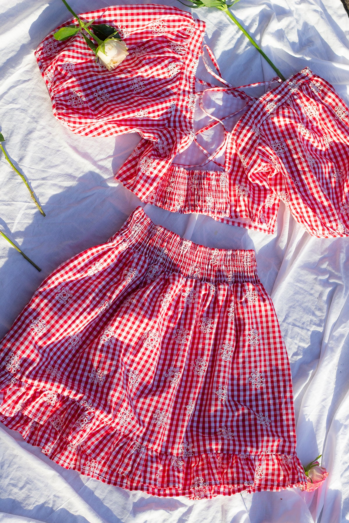 Gingham Puff Sleeve Corset Back Top - Sugar + Style
