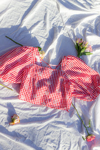 Gingham Puff Sleeve Corset Back Top - Sugar + Style