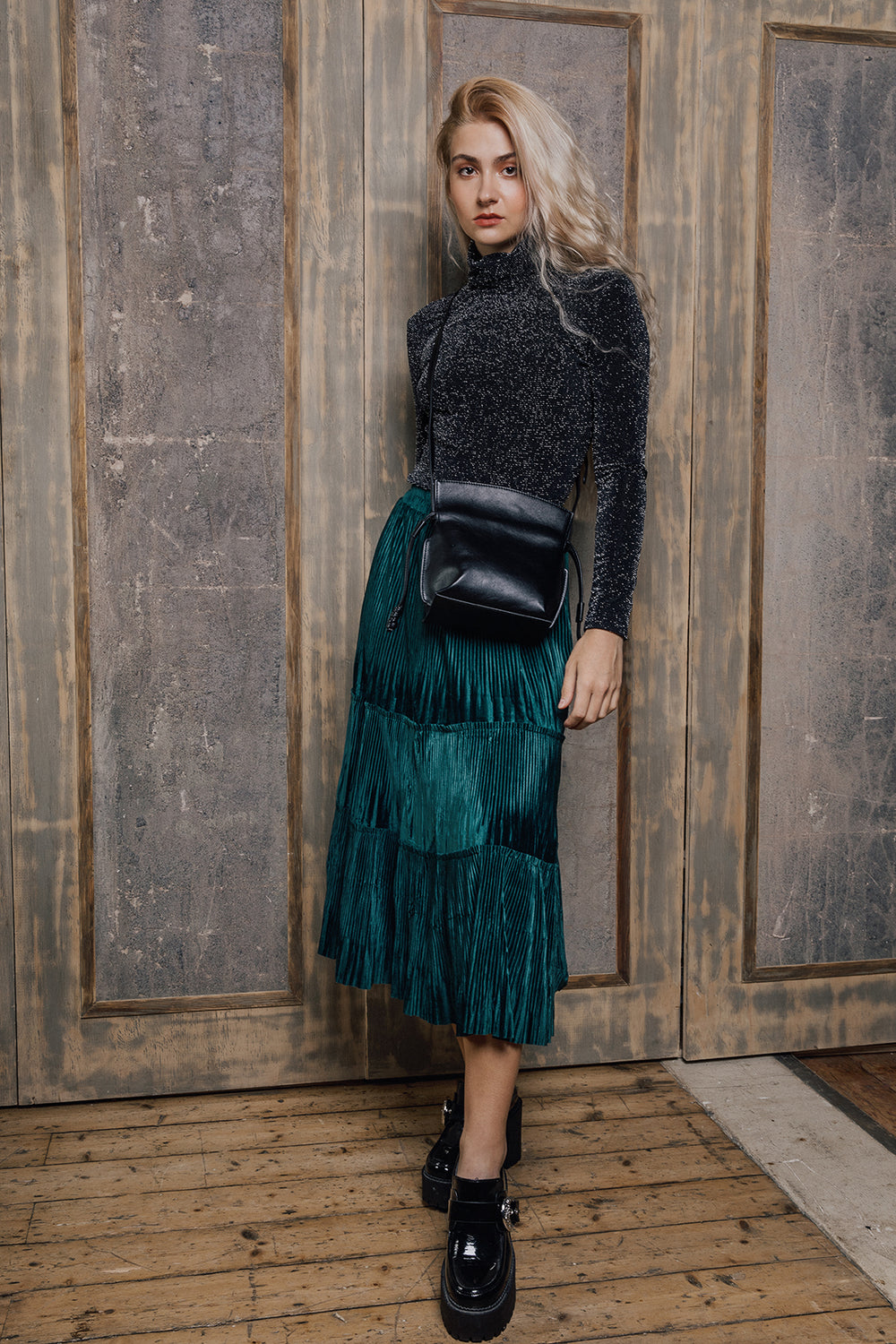 Tiered Pleated Velvet Midi Skirt - Sugar + Style