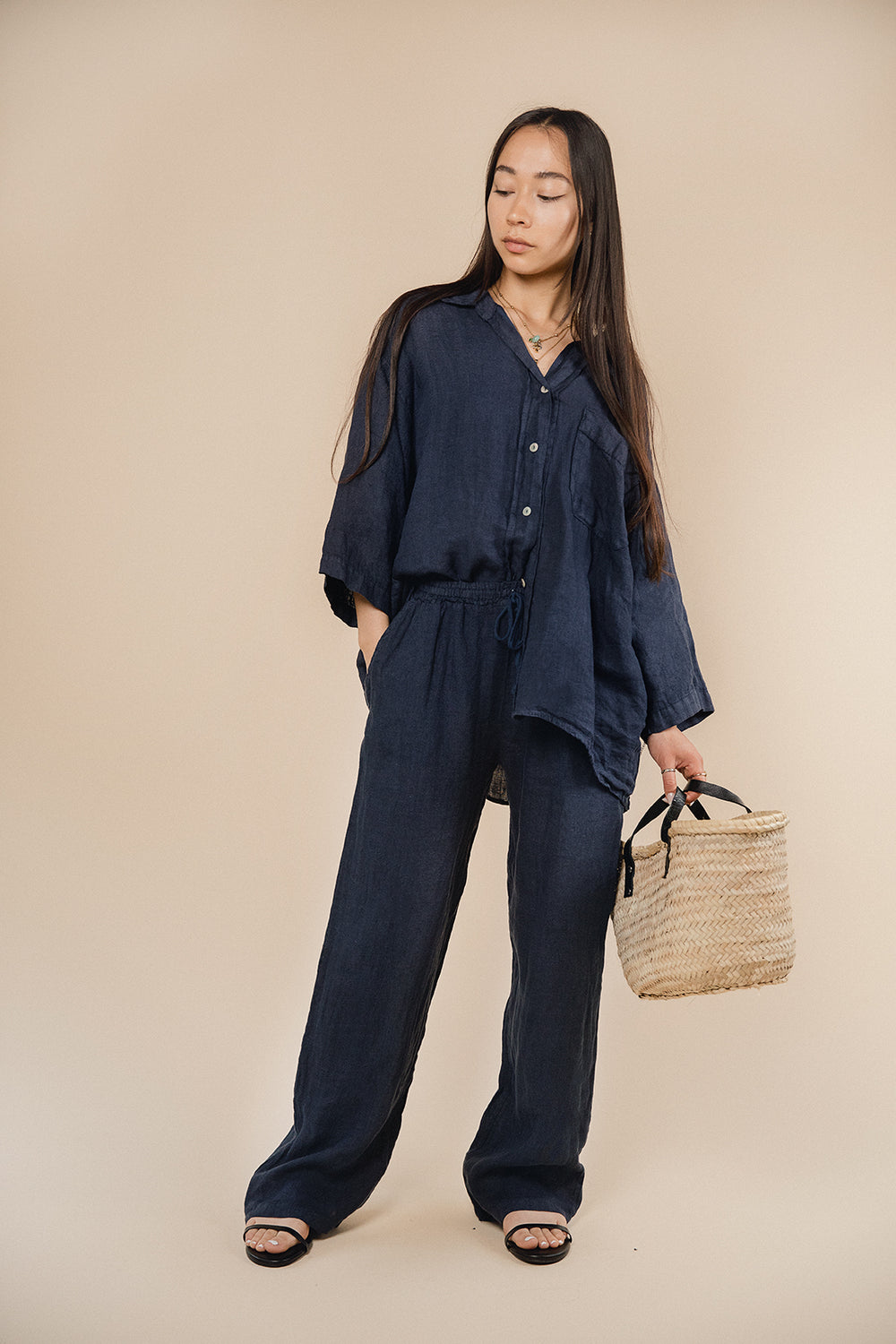 Briony Draw String Wide Leg Navy Trousers - Sugar + Style