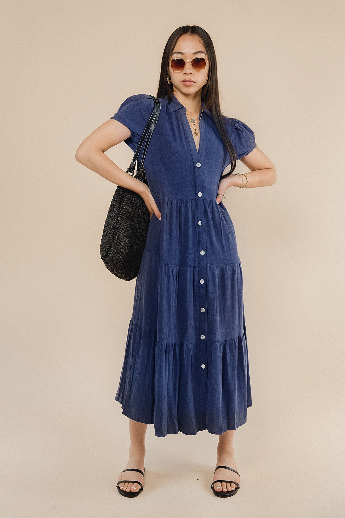 Odette Navy Long Puff Sleeve Button Down Shirt Dress - Sugar + Style