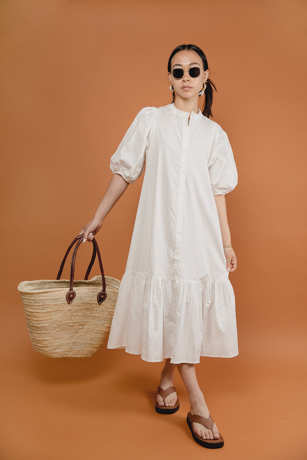 Louella White Long Puff Sleeve Button Down Shirt Dress - Sugar + Style