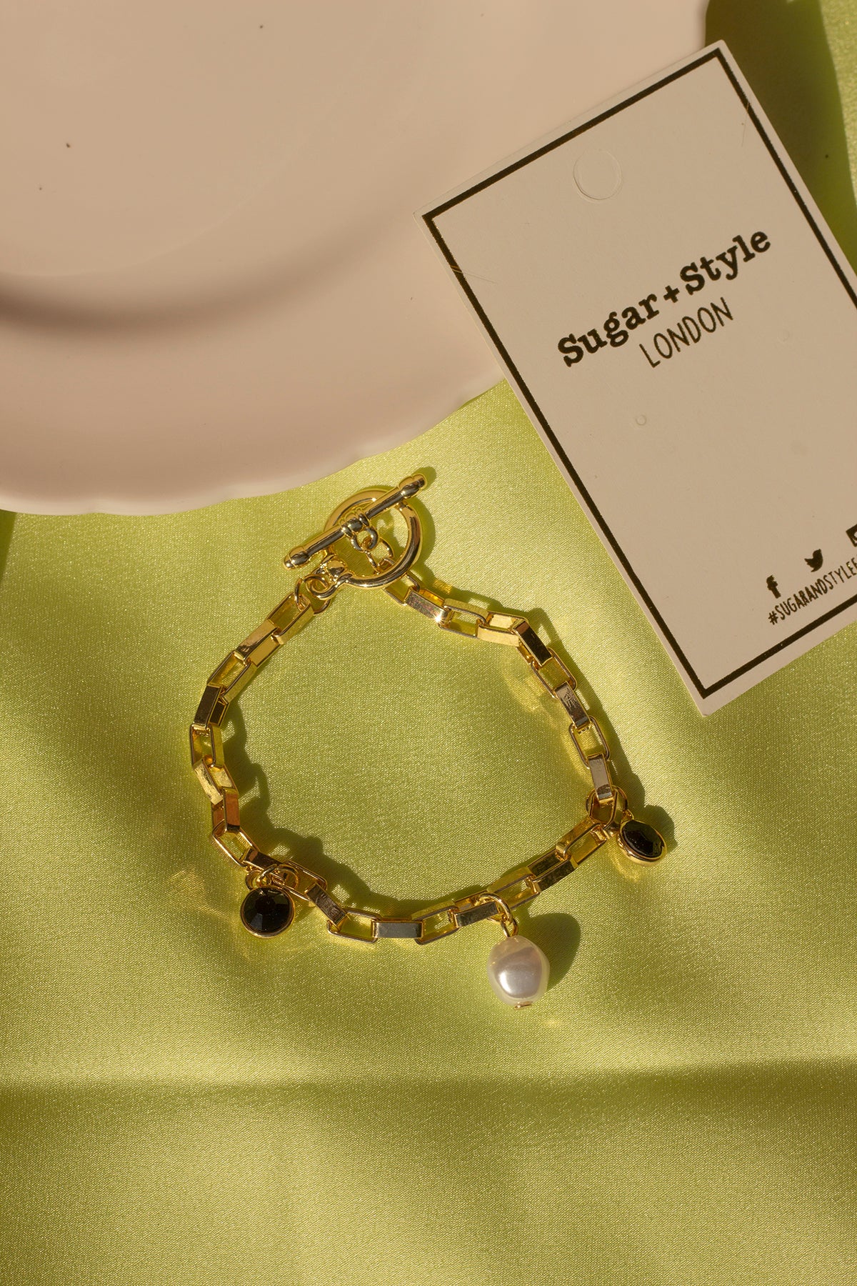 Box Chain Pearl and Jewel Charm Bracelet - Sugar + Style