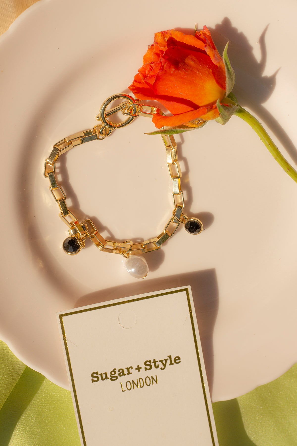 Box Chain Pearl and Jewel Charm Bracelet - Sugar + Style